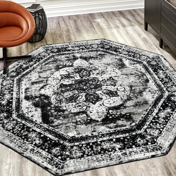 Unique Loom Sofia Collection Area Rug - Salle Garnier (4' 1" Octagon Black/Ivory)