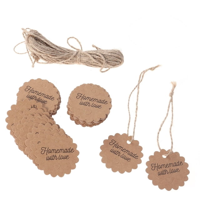 MasteelfCA 100pcs Kraft Paper Tags with Strings Gift Favors Baking Food Package Tags Handmade with Love Hanging Labels (Circle, 5x5cm)