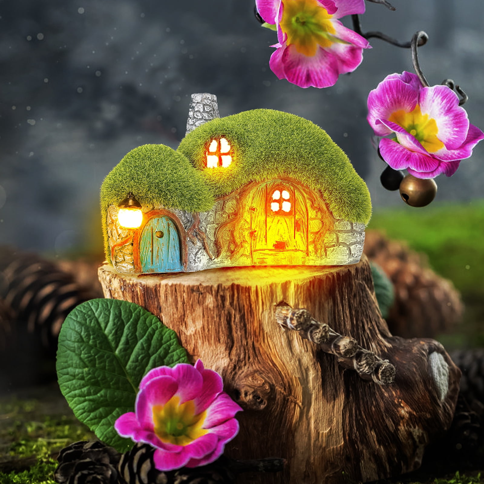 Garden House Statue 7.7" - Fairy Garden House Statue with Solar Lights Garden Cottage Lighting Figurines for Patio Yard Decor,6.8"D x 3.9"W x 4.5"H