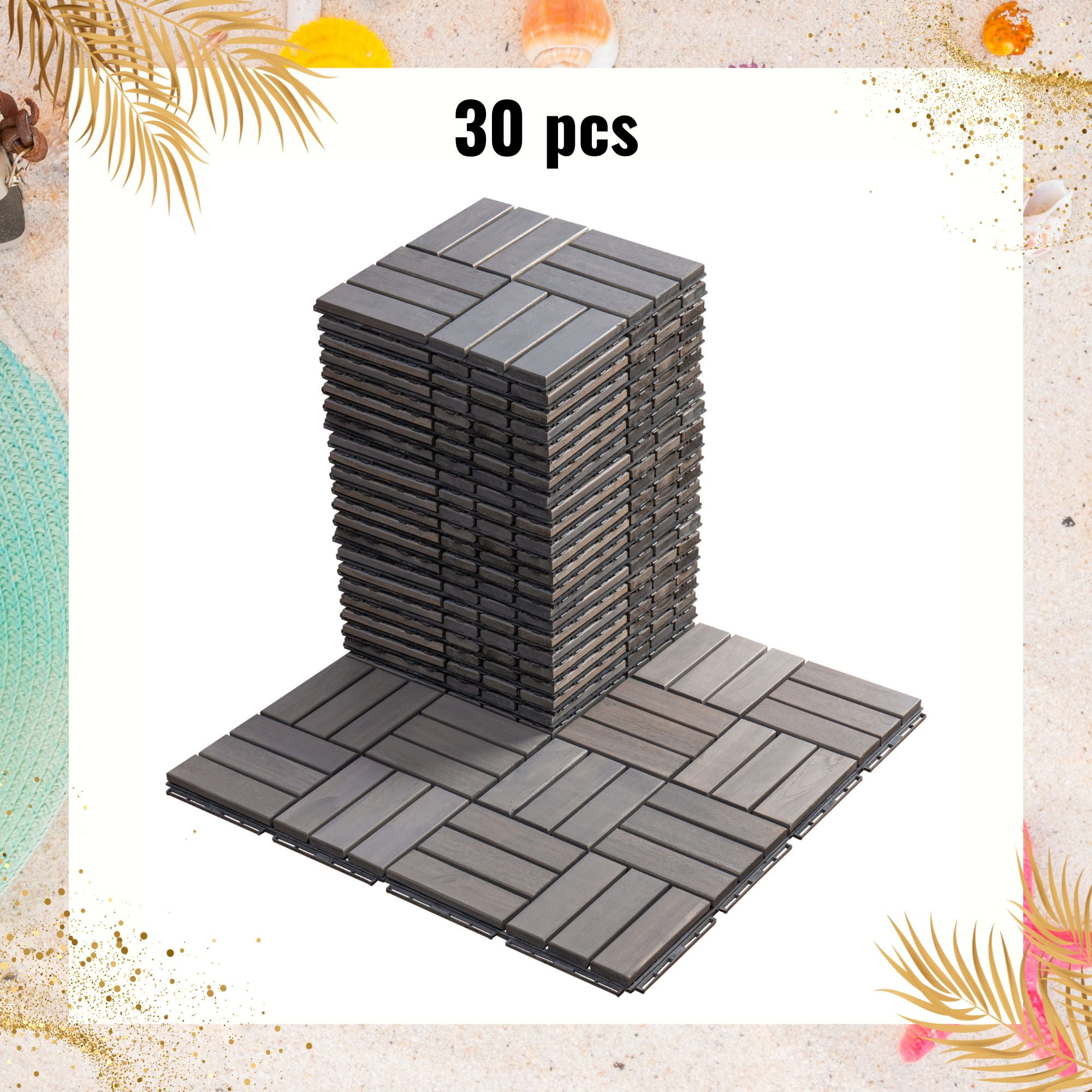 30 PCS Interlocking Deck Tiles, 12" x 12" Square Checker Pattern