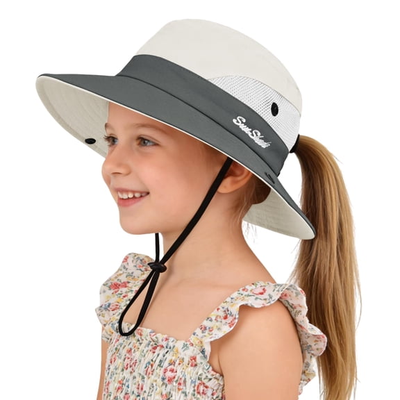 Kids Girls Ponytail Sun Hat UPF 50 UV Protection Quick Dry Bucket Cap Adjustable Foldable Mesh for Beach Fishing Outdoor