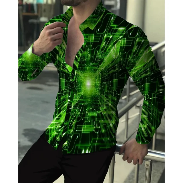 2024 última moda de fiesta para hombres, camisa tipo cárdigan de solapa de un solo pecho para hombres, camisa informal con estampado de manga larga