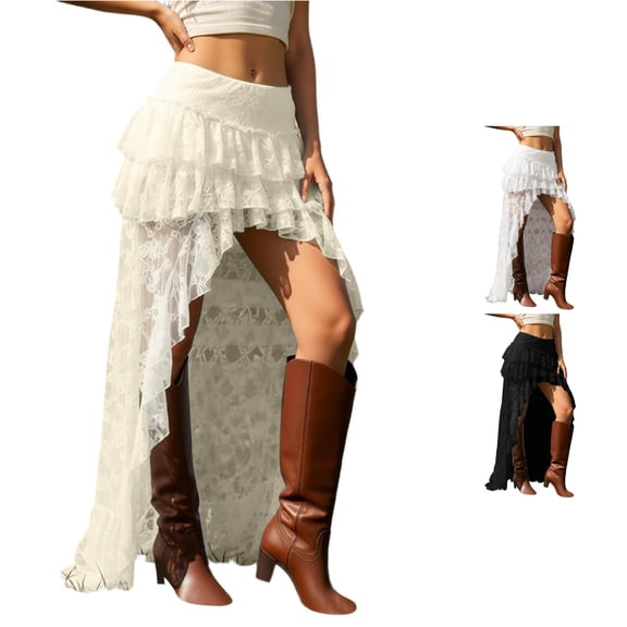 XIAONU Lace Maxi Skirt For Women High Low Tiered Ruffle Asymmetrical Boho Casual Skirt