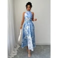 thumbnail image 4 of Blue Watercolor Floral Print Halter Neck Smocked Waist A-Line Maxi Dress For Women, 4 of 8