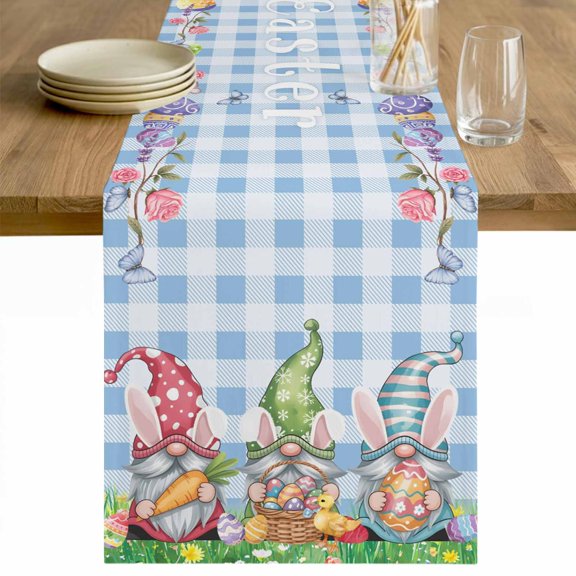 Easter Bunny Gnomes Table Runner - 120 Inch Long Spring Easter Eggs Floral Blue Plaid Cotton and Linen Blended Dress Scarves Farmhouse Table Runner for Kitchen Dining, Coffee Table, 13" x 120"