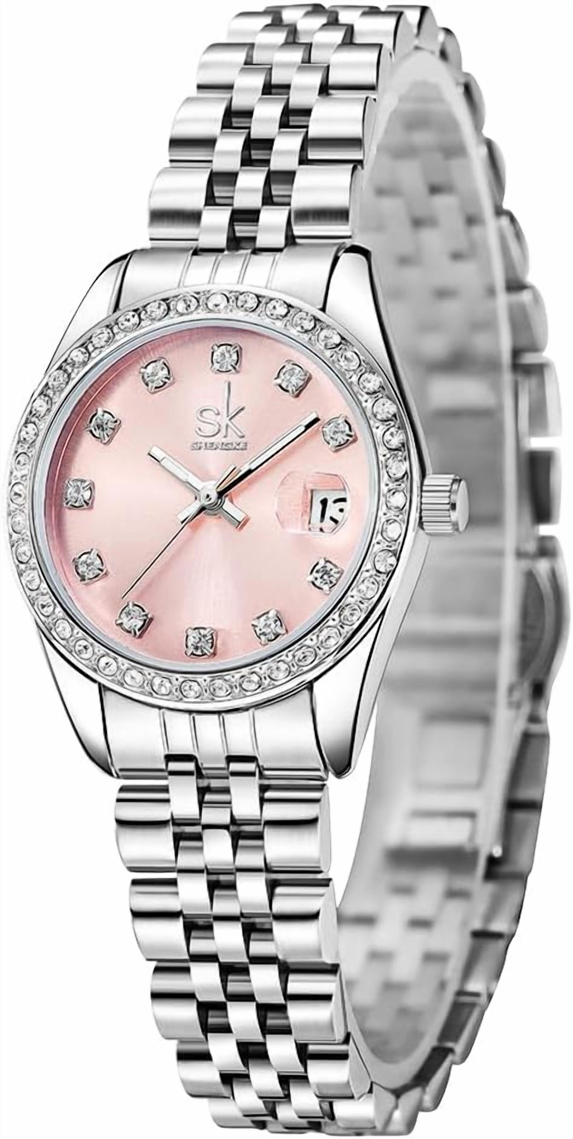 Women's Crystal Accented with Solid Alloy Steel Band Watch Elegant Dress Quartz Calendar Watches for Women