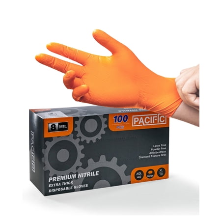 PACIFIC PPE Strength Nitrile Industrial Orange Gloves, 8 Mil, Diamond Texture Disposable Heavy-Duty, Powder Free, X-Large, 100 Count