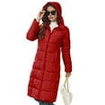 thumbnail image 3 of Women's Hooded Long Puffer Coat Winter Warm Full Zip Quilted Jacket with Pockets Red L, 3 of 10