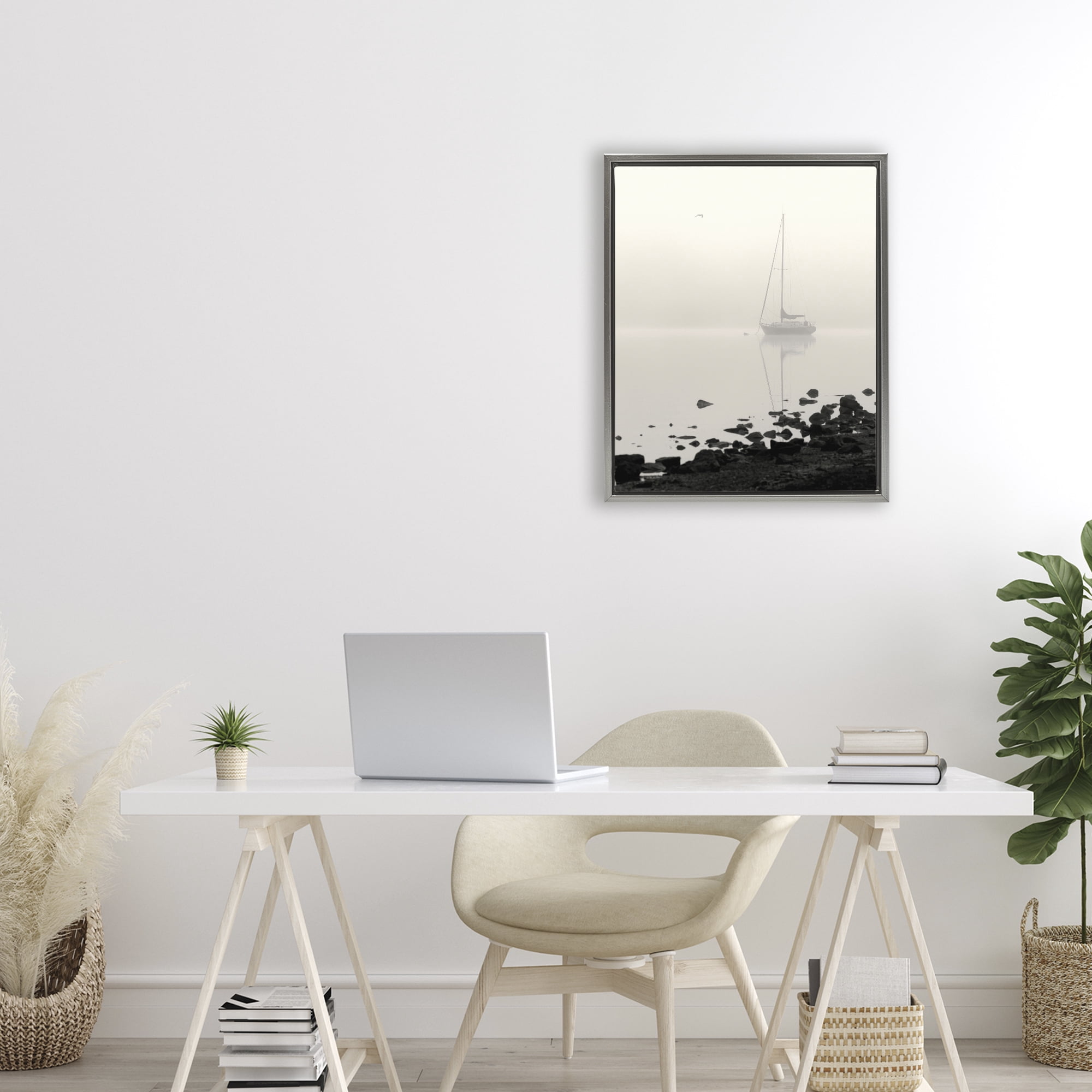 Stupell Industries Moored In Fog Gray Framed Floater Canvas Wall Art, design by Nicholas Bell