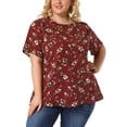 thumbnail image 2 of Women's Plus Size Tops Ruffle Short Sleeve Summer Chiffon Floral Blouse Burgundy 2X, 2 of 7