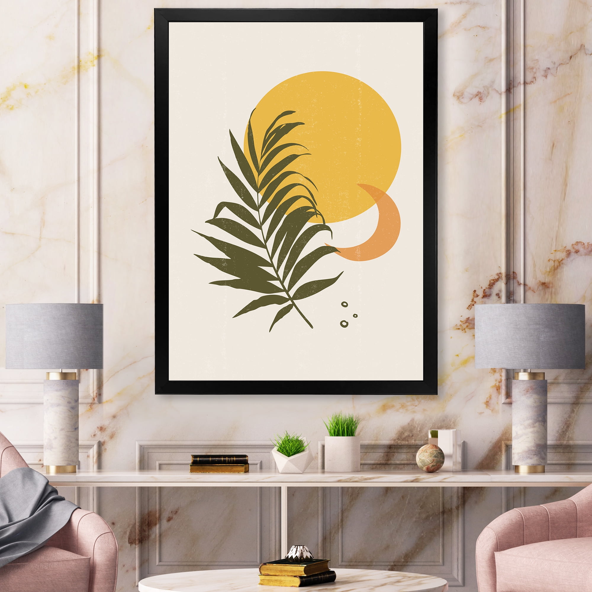 Designart 'Abstract Moon and Yellow Sun With Tropical Leaf I' Modern Framed Art Print