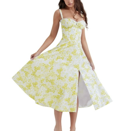 WEANT Corset Floral Dress Women s Summer Boho Spaghetti Tie Strap Square Neck Floral Ruffle A Line Beach Long Maxi Swing Dress Sundress(Yellow XXL
