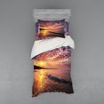 thumbnail image 1 of Landscape Duvet Cover Set, Photo of Sunrise with Cloudy Sky at Seashore Dramatic Dawn Island Forest, Bedding Set with Shams and Fitted Sheet, 3 Sizes, by Ambesonne, 1 of 3