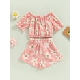thumbnail image 4 of Bagilaanoe 2pcs Toddler Baby Girl Short Pants Set Floral Print Short Sleeve Off Shoulder Tops + Shorts with Belt 12M 18M 24M 3T 4T 5T Kids Casual Summer Outfits, 4 of 9