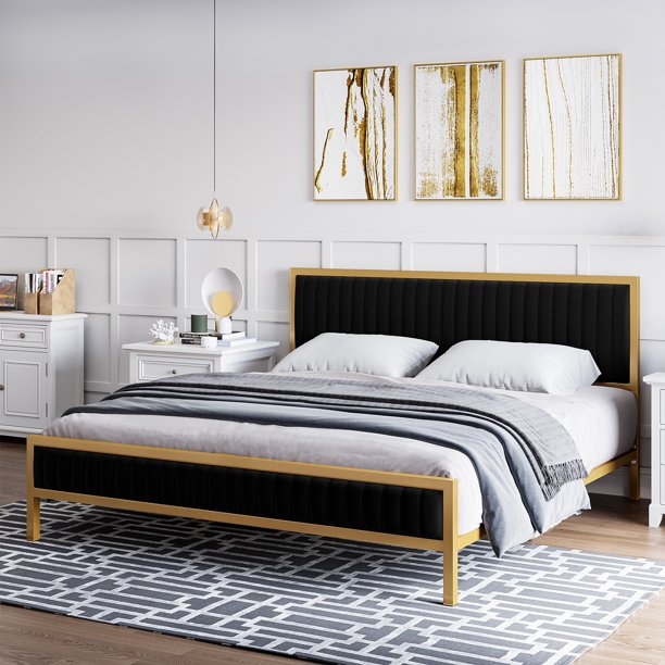 Homfa King Size Bed Frame, Gold Metal Platform Bed Frame with