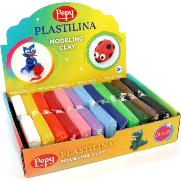 Plastilina Reusable and Non-Drying Modeling Clay Gift Set; Set of 24 Bars, 1.4 Ounce Each, 2 Each of 12 Colors, Perfect for Arts and Crafts Projects, Multicolor