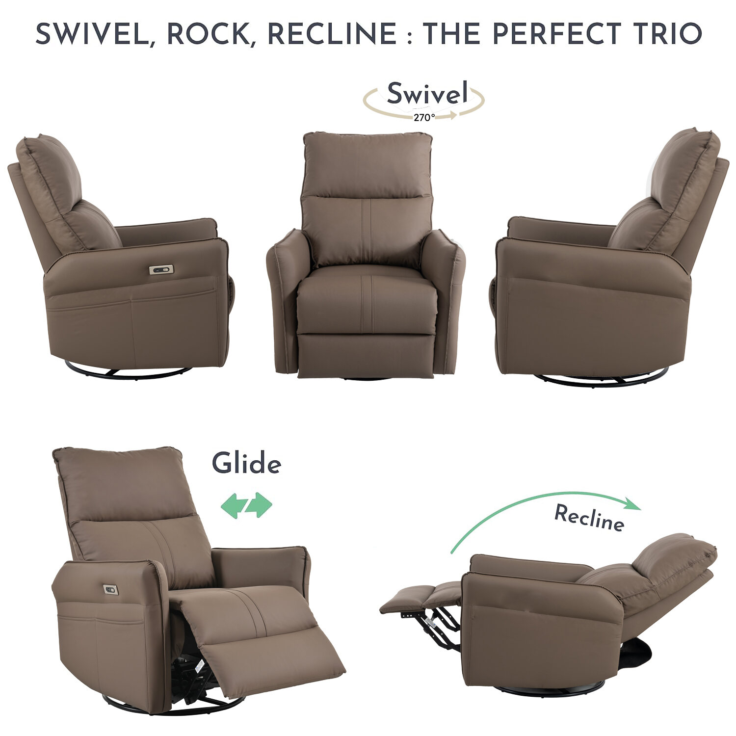 Outdoor Rocking Chairs 270° Power Swivel Rocker Recliner Chair, Electric Glider Reclining Sofa with USB Ports, PU Faux Leather Power Swivel Glider, Rocking Chair,Nursery Recliners for Living Room Bed