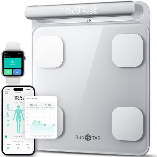 Báscula inteligente Runstar para peso corporal y porcentaje de grasa, báscula de baño de 8 electrodos, compatible con FSA o HSA, pantalla digital con IMC, grasa corporal y masa muscular, informe de co