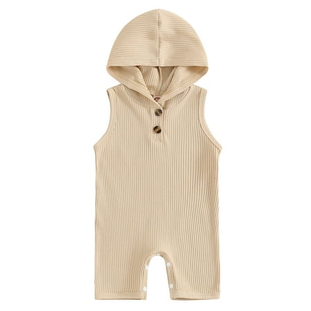

Mevireiy Baby Boys Ribbed Knit Hooded Jumpsuit Solid Color Sleeveless Romper Shorts