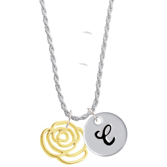 Delight Jewelry Goldtone Large Rose Outline Silvertone Script Initial Disc - C - Charm Necklace, 20"+3"
