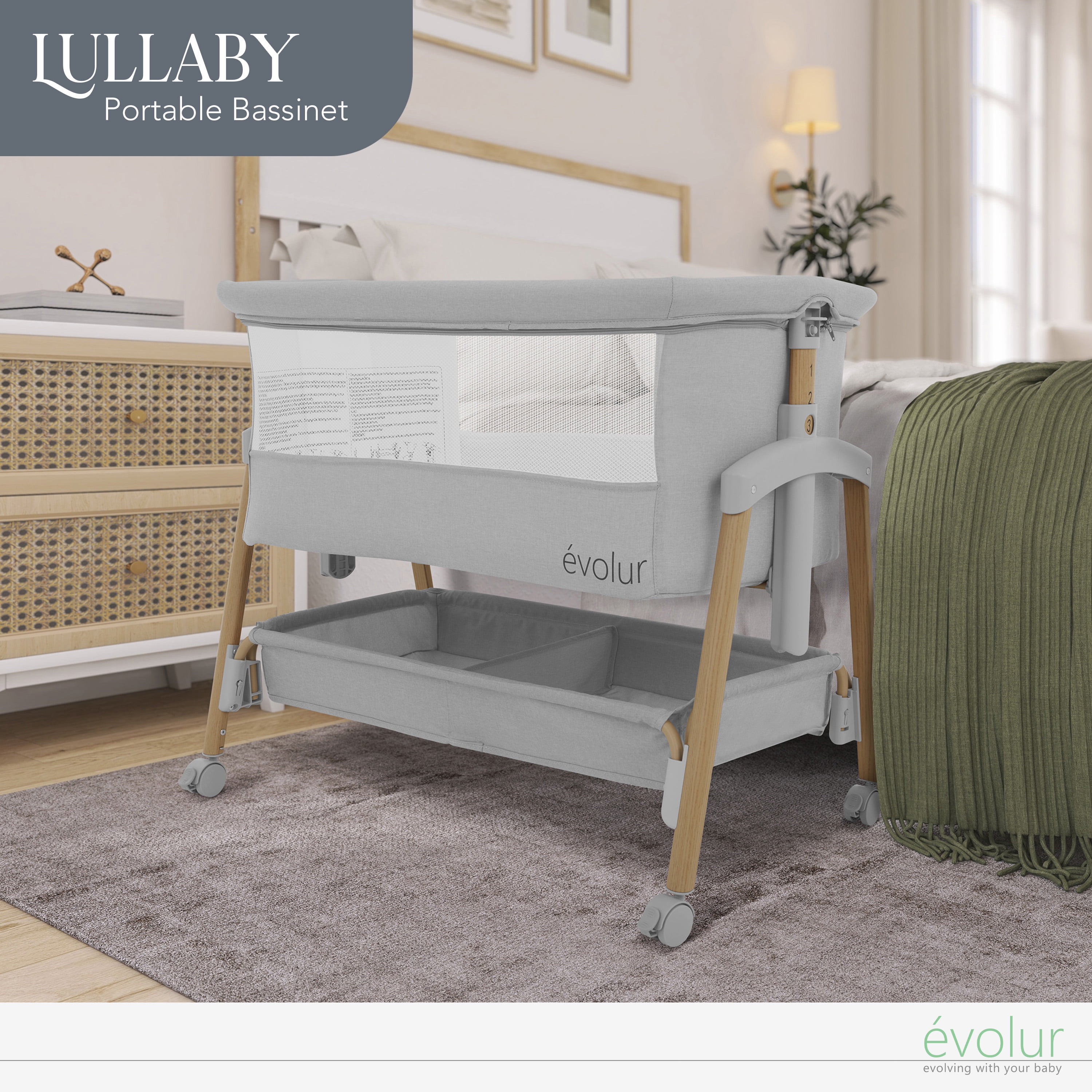 Evolur Lullaby Portable Bassinet With Wheels, Light Gray