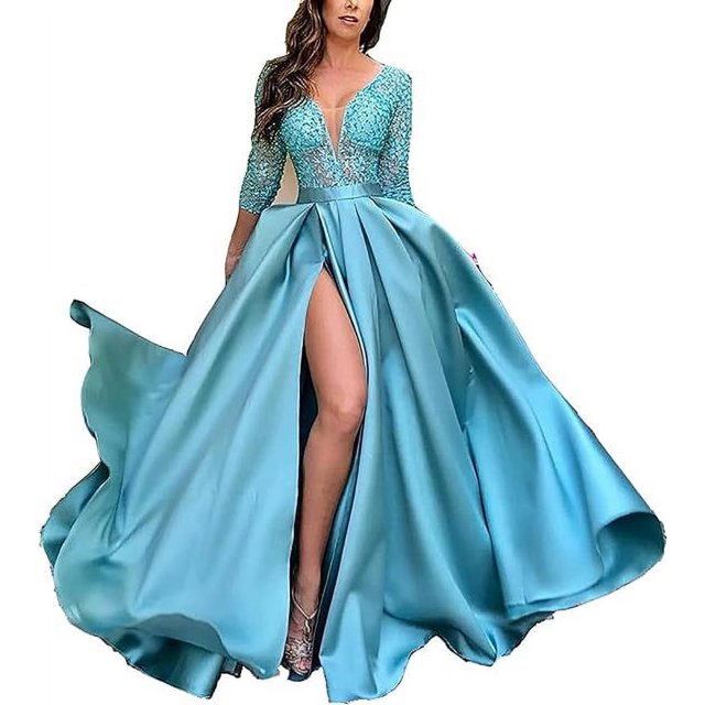 Robe de Soirée Formelle Longue en Dentelle pour Femmes Robes de Mariage Col en V avec Fente Robe de Soirée pour Femmes avec Manches