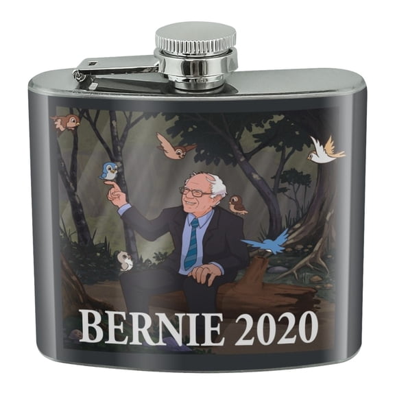 Bernie Sanders 2020 with Birds In A Forest Retro Cartoon Stainless Steel 5oz Hip Drink Kidney Flask