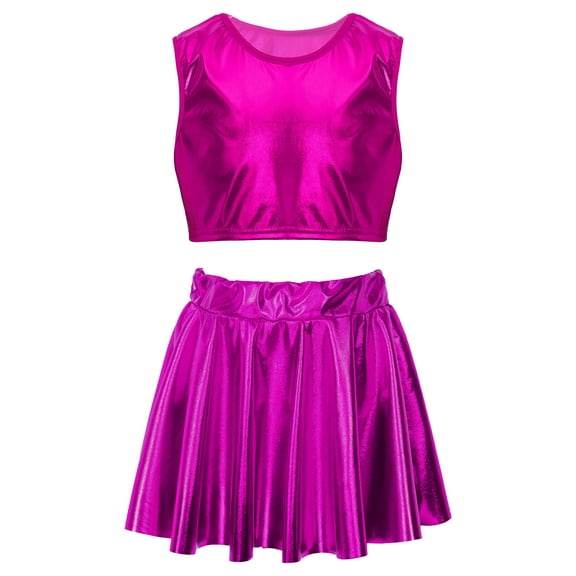 YIZYIF Kids Girls Shiny Metallic Crop Top with A-Line Pleated Skirt Set Dance Stage Performance Set Dancewear