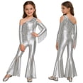 thumbnail image 6 of TiaoBug Girls Metallic One Shoulder Flared Jumpsuit 70s Disco Dance Outfit Kids Pageant Party Formal Romper Silver 12, 6 of 7