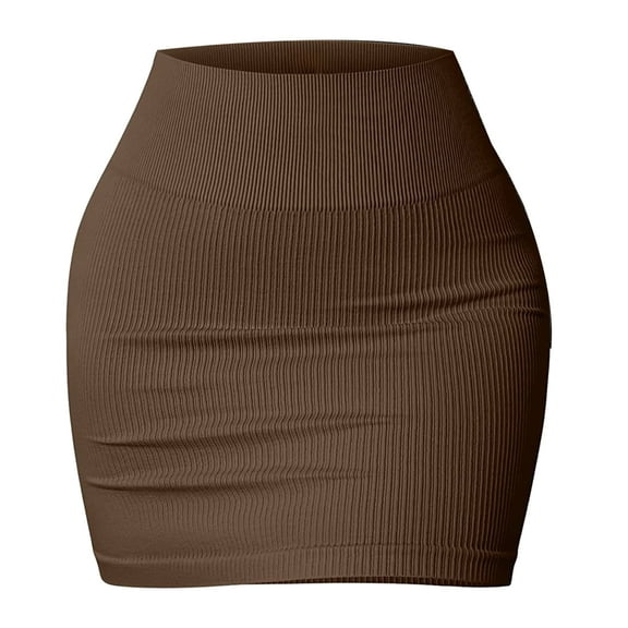 URTERYSER Women's Basic Elastic High Waist Bodycon Pencil Skirt Casual Ribbed Knit Short Skirt Fashion Streetwear Coffee