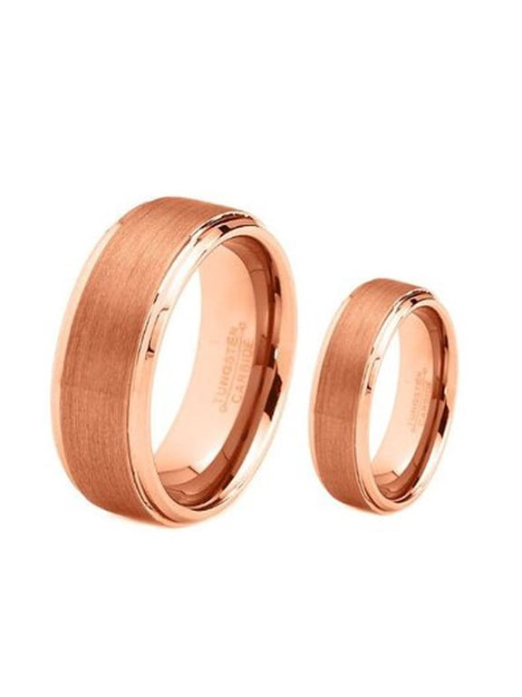 His & Her's 8MM/6MM Rose Gold Brushed Center Step Edge Tungsten Carbide Wedding Band Ring Set