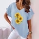 thumbnail image 5 of Camiseta de Manga Corta con Cuello en V con Impresión de Girasol, Algodón Casual Y Top de Cáñamo, 5 of 6