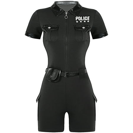 YONGHS Womens Cop Outfits Policewoman Role Play Costume Zipper Shorts Jumpsuit with Belt Purse Black S