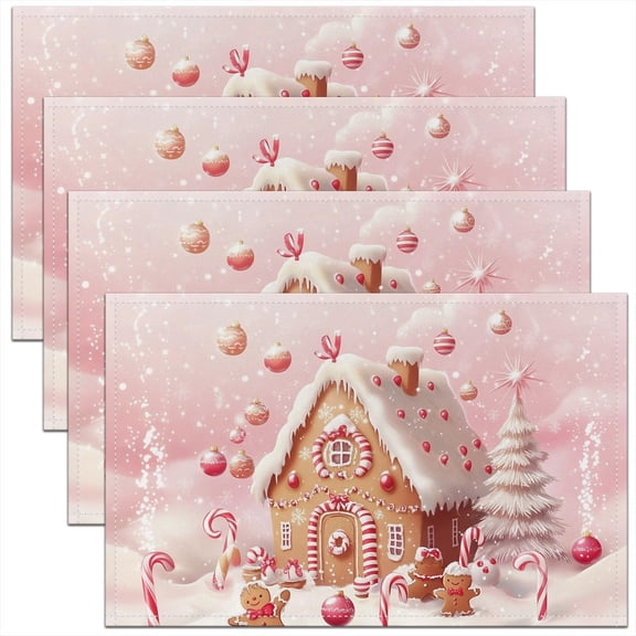 Gingerbread House Place Mat, Christmas Gingerbread Placemats, Pink Festive Holiday Table Mats Vintage Christmas Decor Tabletop Decor for Dining Kitchen