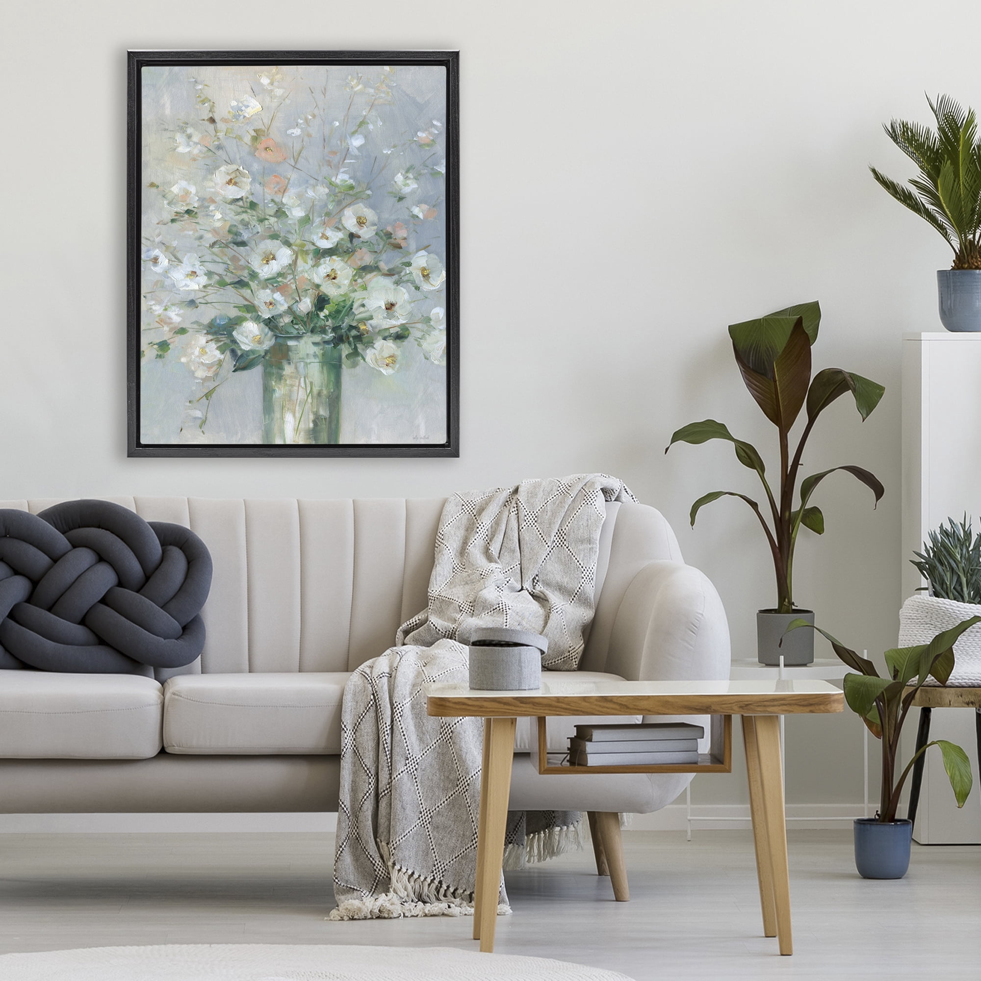Stupell Industries Delicate White Blossoms Impression Black Framed Floater Canvas Wall Art, design by Sally Swatland