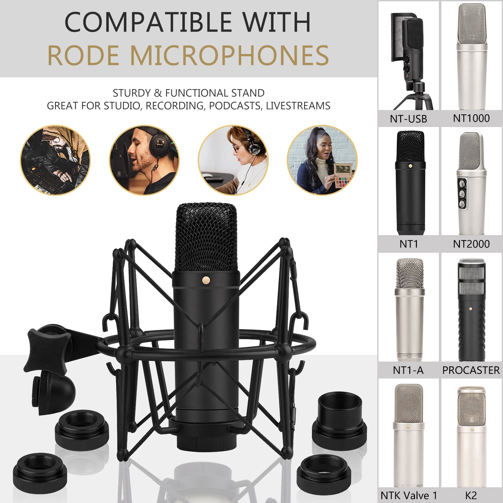 Geekria for Creators Microphone Shock Mount Compatible with Rode NT-USB, NT1-A, NT2-A, NT1000, NT2000, Procaster, K2, Mic Anti-Vibration Suspension Adapter Clamp Mic Holder Clip (Black / Metal)
