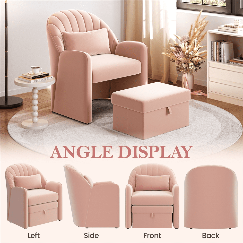 Renwick Upholstered Velvet Barrel Accent Chair with Footrest, Pink