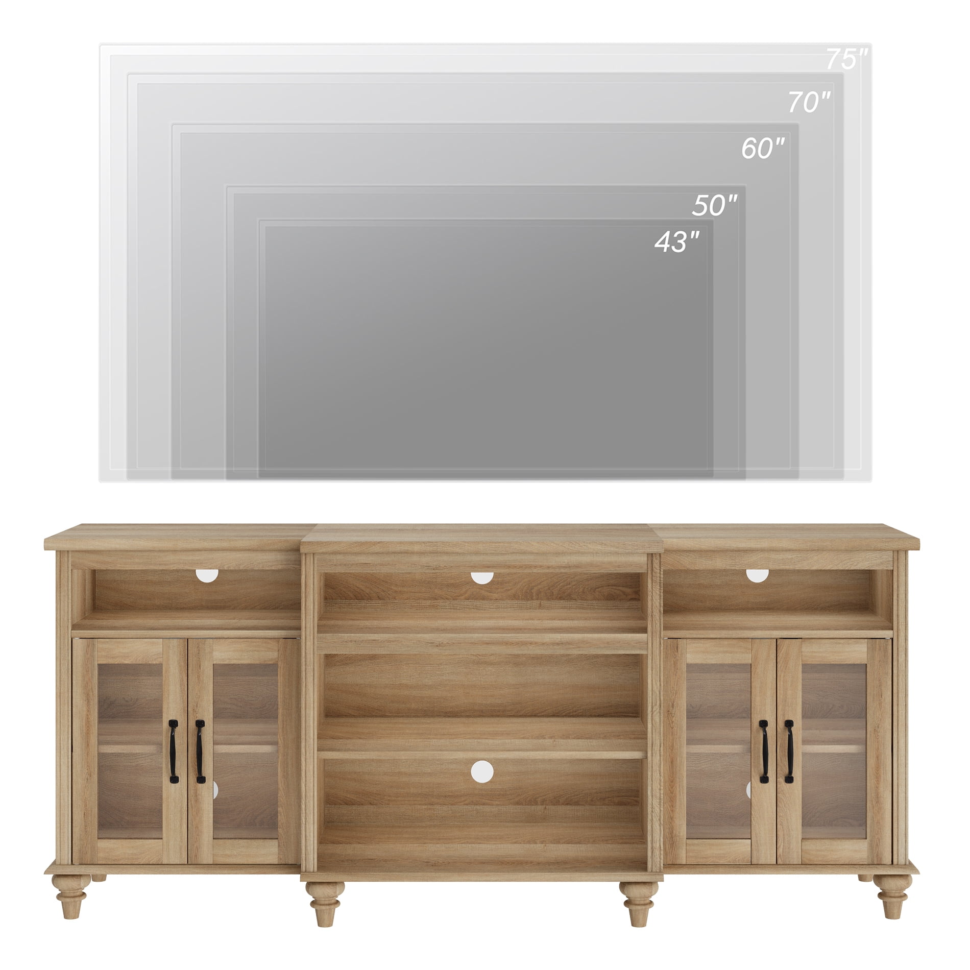 Oak TV Stand for TVs Up to 75 inch, 4-Door Glass Farmhouse TV Console with 9 Storage Cabinets, 70''