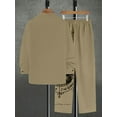 thumbnail image 2 of Men 2 Piece Linen Outfit Beach Button Down Shirt Casual Loose Pant Sets Summer Outfits Fashion Beige L, 2 of 5