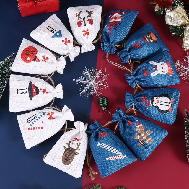 24 Uds. Bolsas de arpillera colgantes de Navidad, bolsa de lona reutilizable con cordón para regalo, bolsa de dulces para manualidades DIY, suministros para fiesta de Navidad de colores mezclados