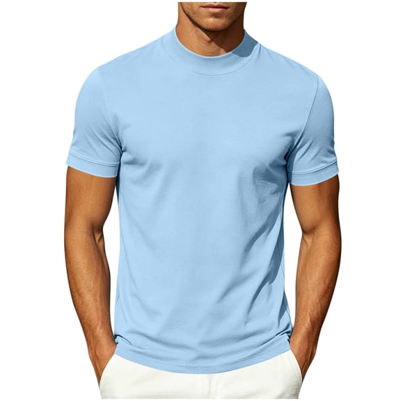 TKKCS Mens Mock Neck Short Sleeve T-Shirt- Summer Casual Daily Wear Slim Fit Lightweight Stretch Basic Tee Light Blue Size 2XL