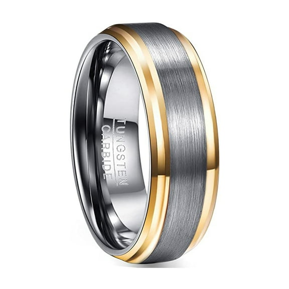 NUNCAD 8mm Men's Silver Tungsten Carbide Ring Gold Plated Beveled Edge Brushed Finish