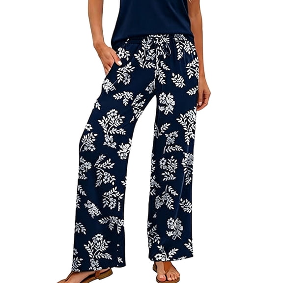 Admvng Women's Floral Print Wide Leg Pants Drawstring Waist Casual Trousers with Pockets