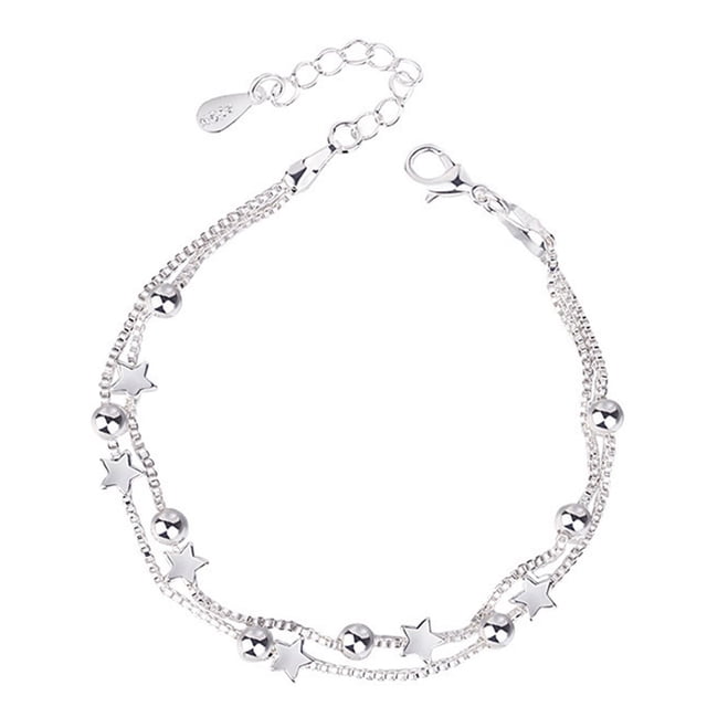 Plata Brillante Cinco Puntas Estrella Pulsera Mujer de doble capa de transferencia de cuentas pulsera de joyería de moda