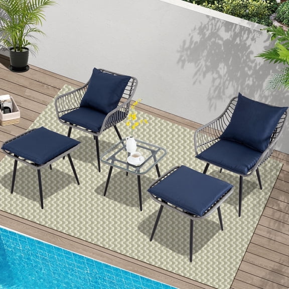 Ainfox 5-Piece Patio Bistro Furniture Set,Outdoor Wicker Rattan Chat Conversation Set for Porch,Balcony,Backyard,Apartment,Balcony,Square Tempered Glass Coffee Table,Grey/Blue