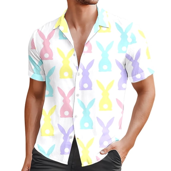Easter Day for Men Shirt Short Sleeve Tops Button Up Fun Bunny Printed Holiday Spring Tees