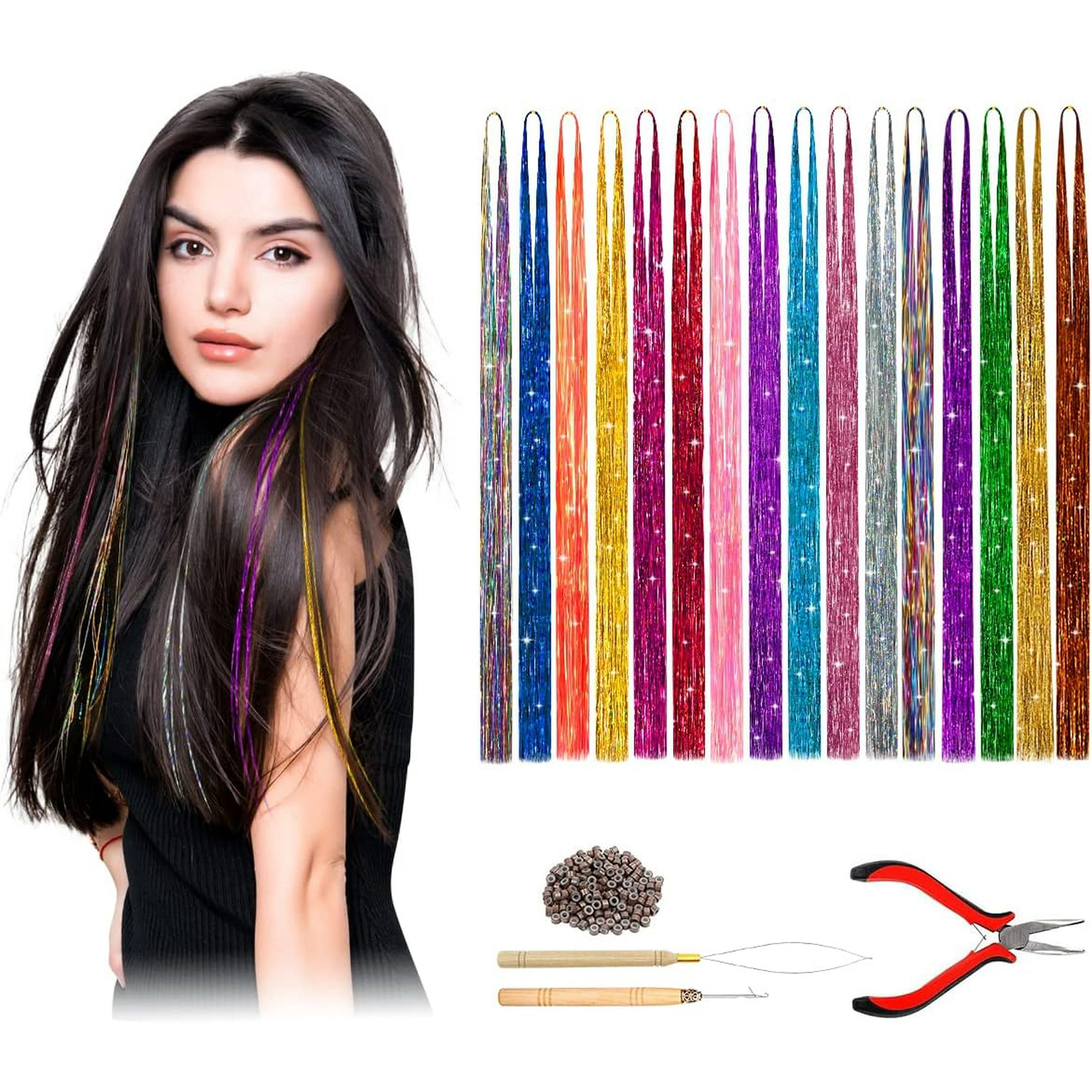ShenMo Hair Extension Kit Glitter Hair Tinsel Hair Tinsel with Tools 16 Colors 3200 Strands Walmart