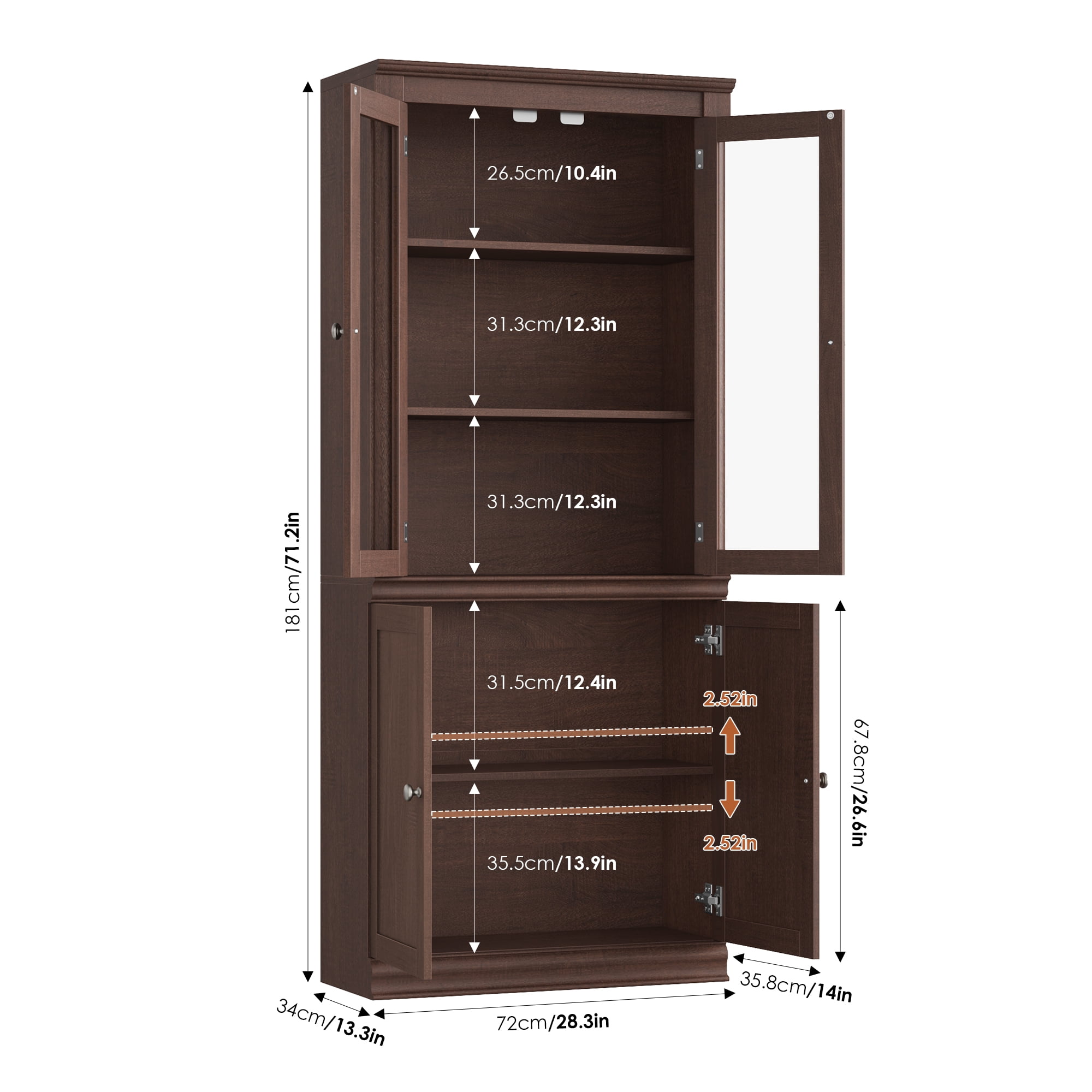 Homfa 71"H Bookcase with Glass Doors, 5 Tier Storage Bookshelf with Adjustable Shelf for Study Home Office,Reddish-Brown