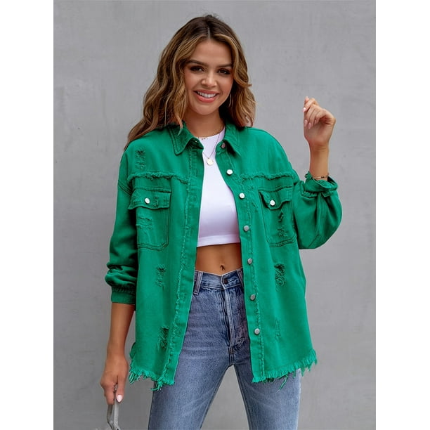 Chaqueta estilo abrigo de mezclilla de manga larga con agujeros largos de color sólido para mujer Material de mezclilla versátil Diseño de manga larga