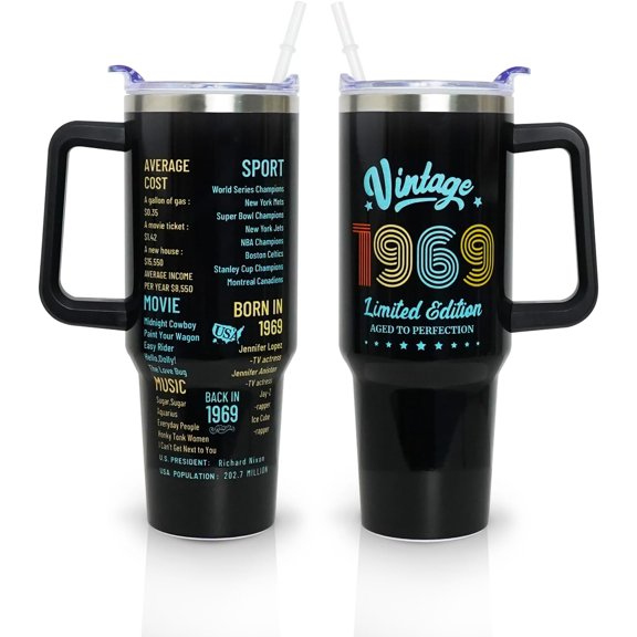 Happy 55th Birthday Gifts for Men, 40 oz Tumbler with Handle and Straw Lid, 55 Years Old Gifts Idea for Her, Fifty-five Birthday Present Back in 1969 Tumbler Cup(White)